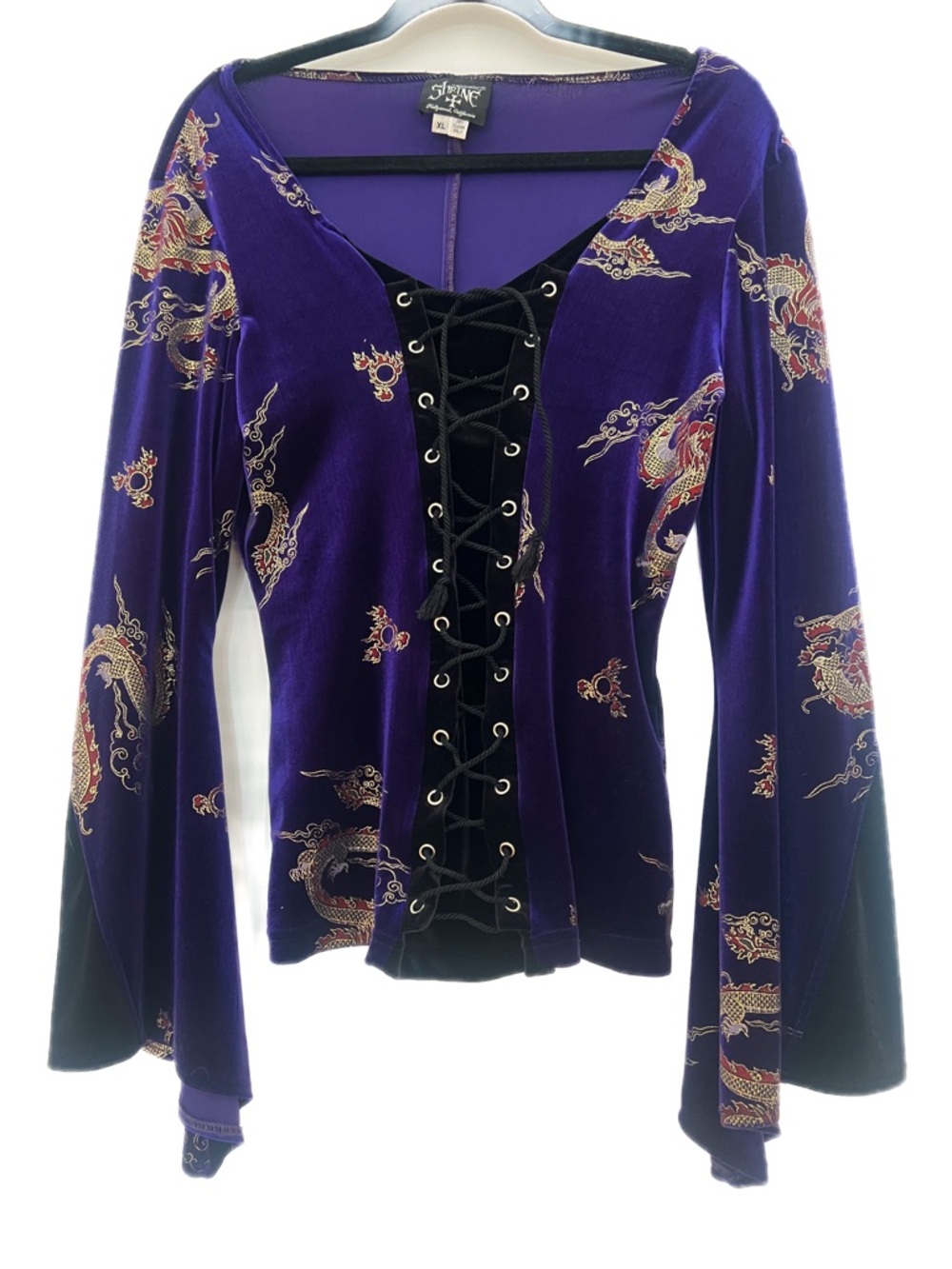 Shrine Of Hollywood velvet lace up bell sleeve top. Size XL